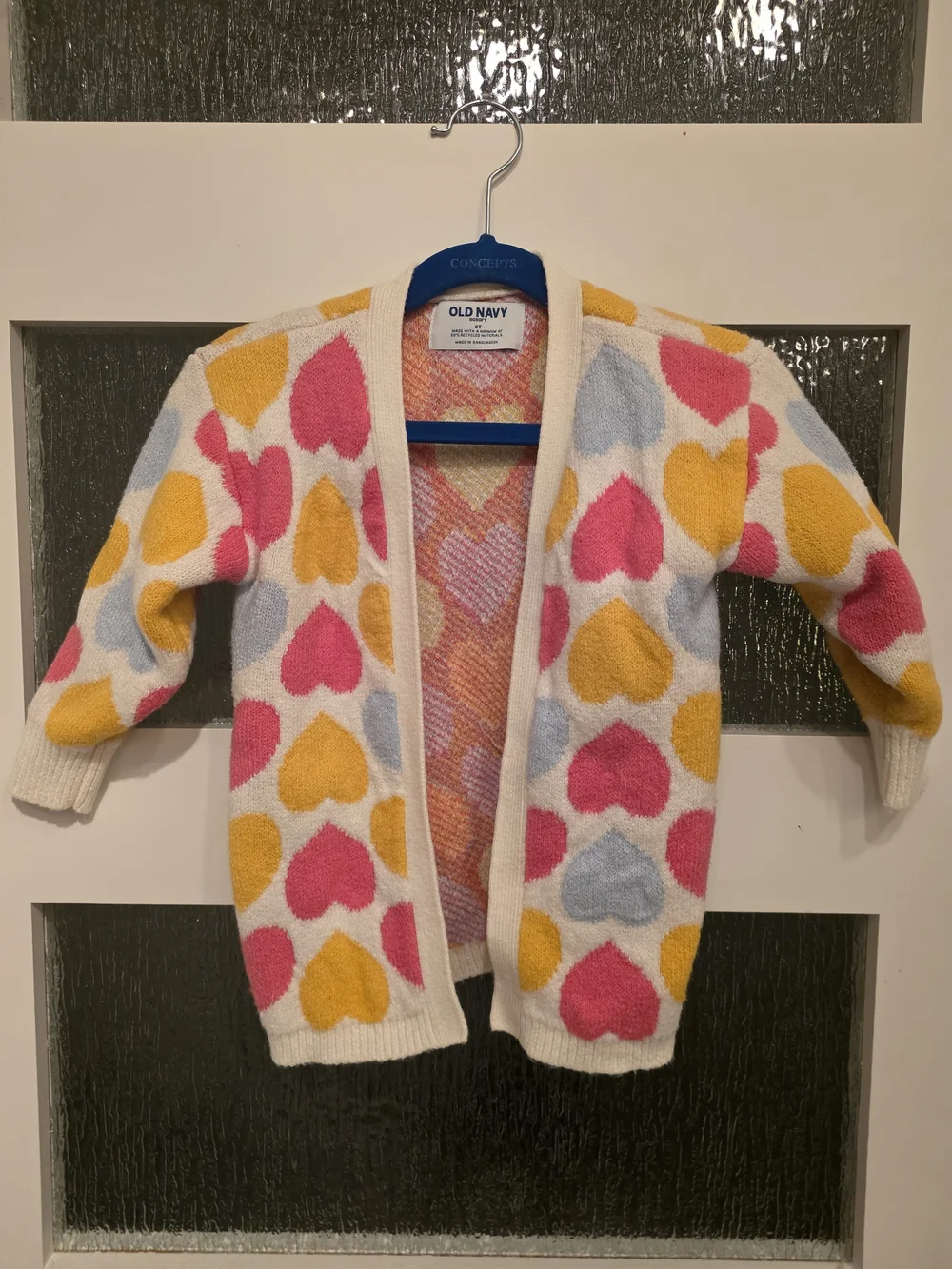 Old Navy White Cardigan with Pink, Yellow & Light Blue Hearts